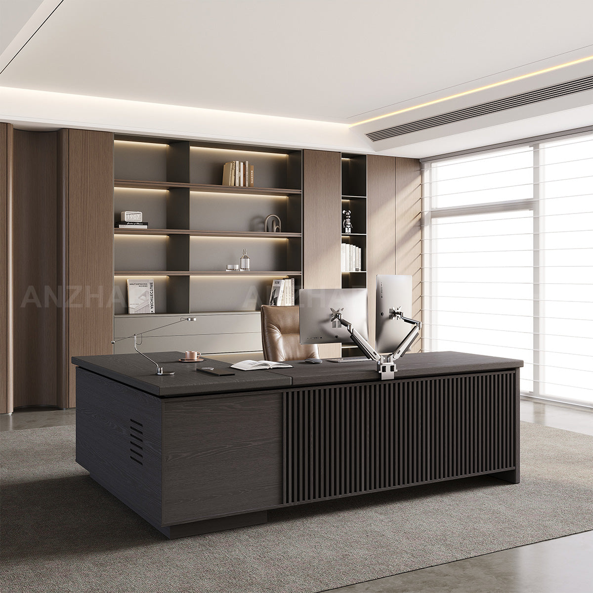 L-Shaped Executive Desk with Built-In Power, Side Storage & Slatted Modesty Panel (Stock items)