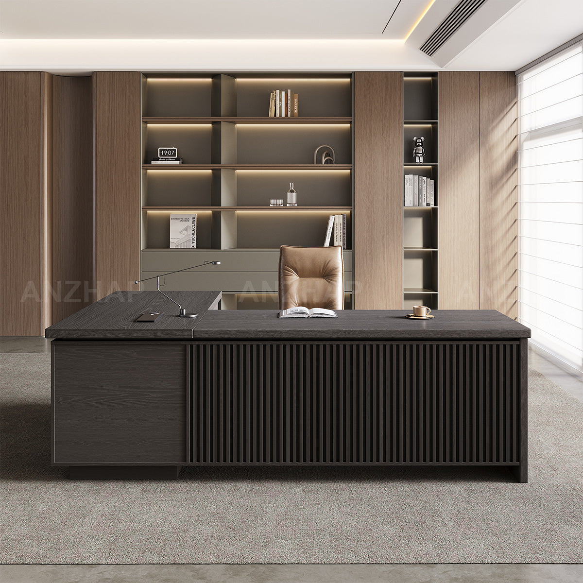 L-Shaped Executive Desk with Built-In Power, Side Storage & Slatted Modesty Panel (Stock items)