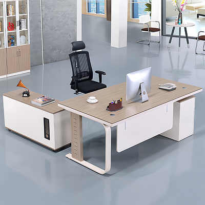 Practical Minimalist Two-Tone Executive Desk with Large Side Cabinet Design