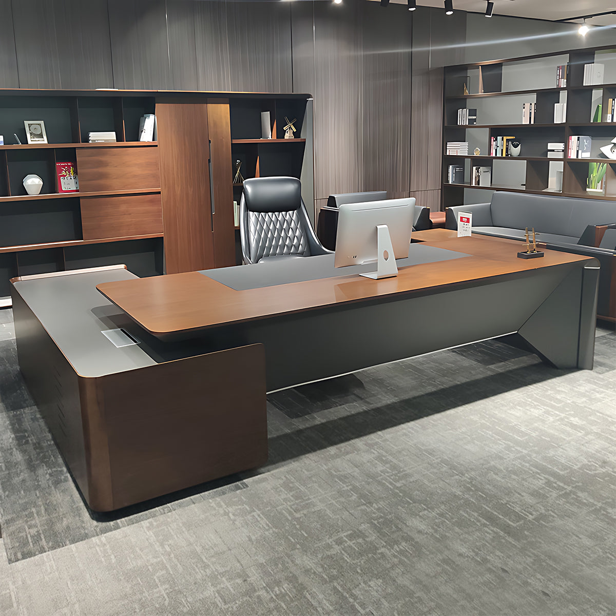 Modern Executive Office Desk in Deep Walnut and Gray Finish