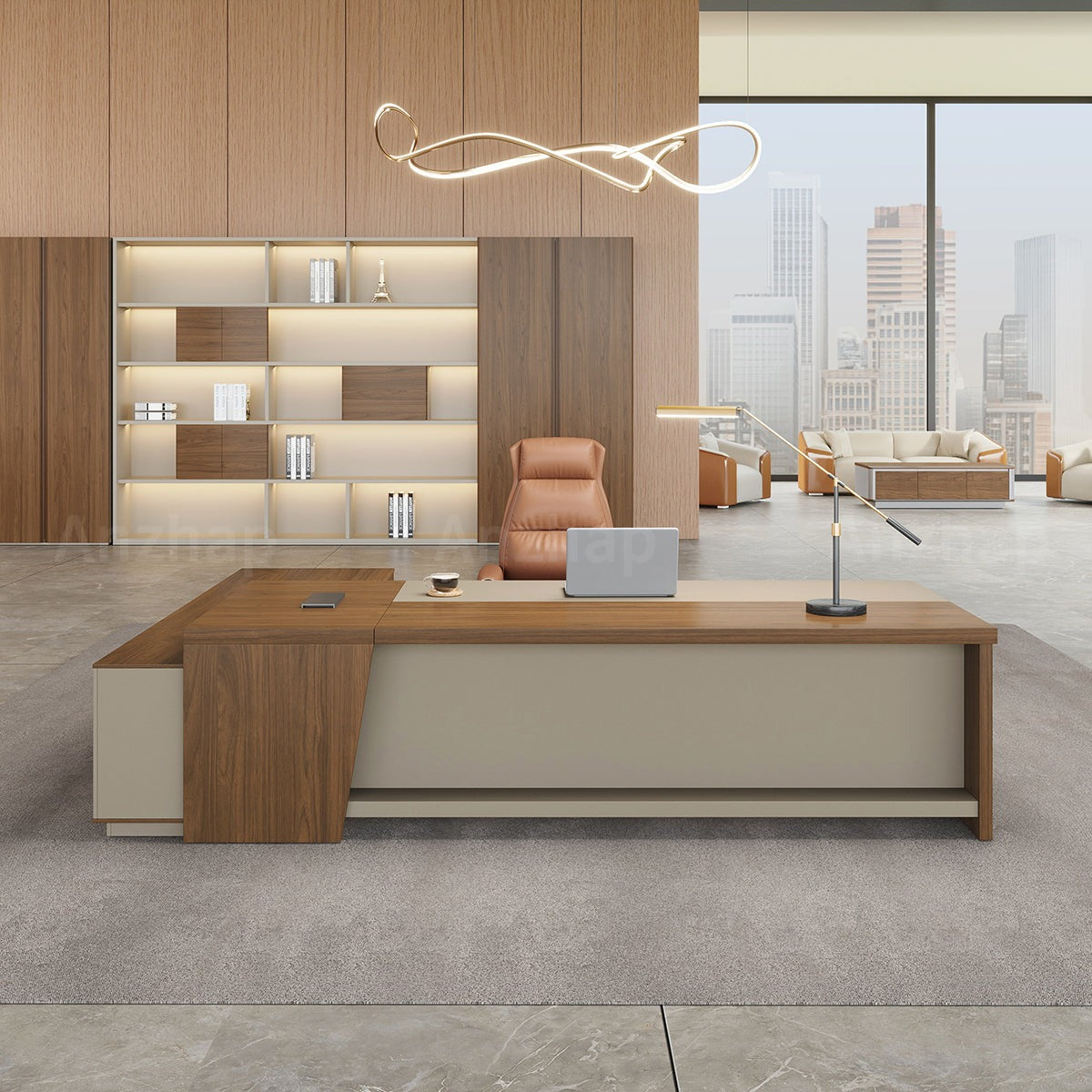 Elegant and Minimalist L-Shaped Executive Desk with Thick Desktop and Spacious Side Cabinet（Stock Items）