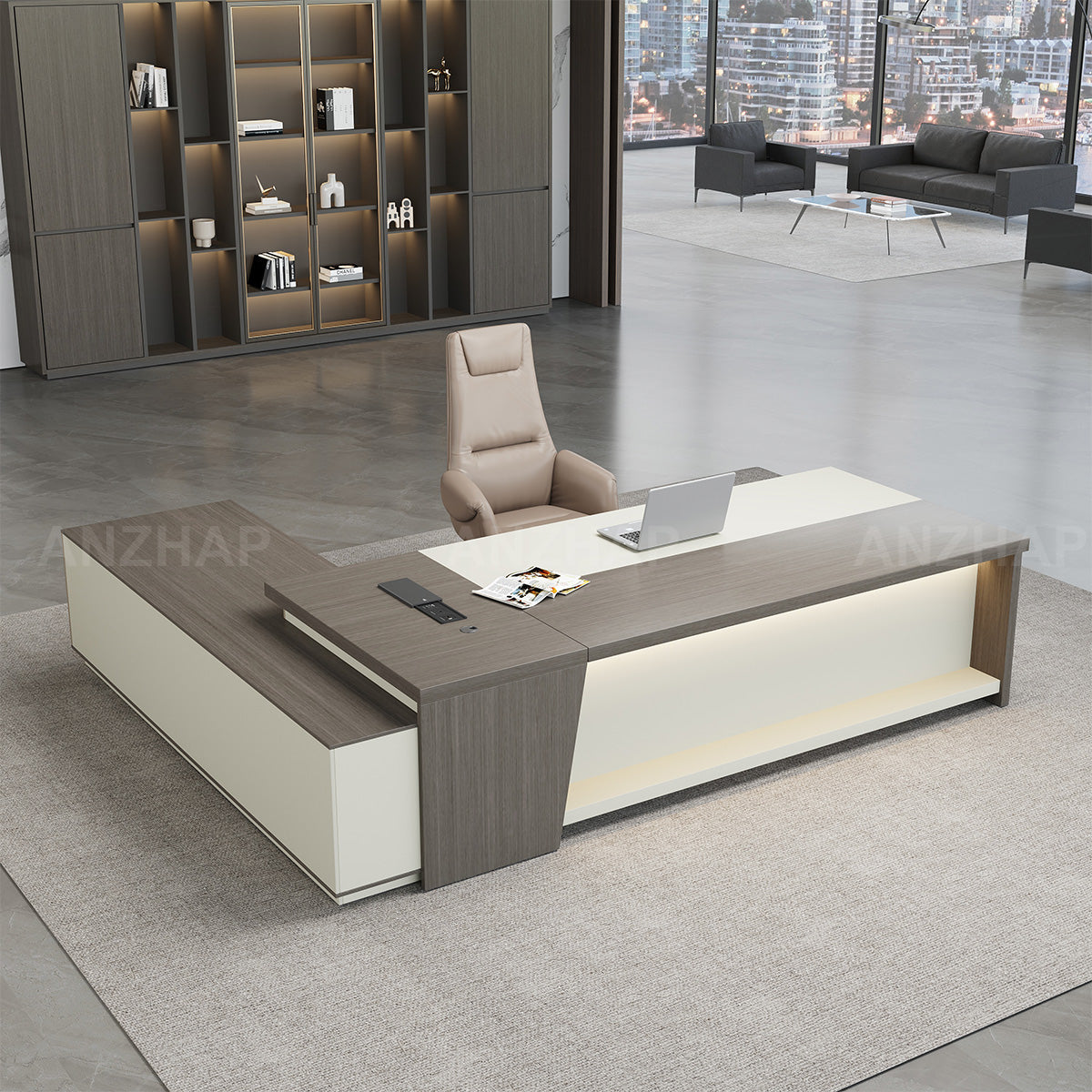 Modern Minimalist L-Shaped Executive Desk 79–94 in Wide with Cable Management, Built-In Power Outlets, Lockable Drawers & LED Accent Lighting