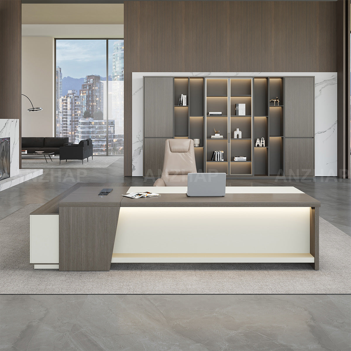 Modern Minimalist L-Shaped Executive Desk 79–94 in Wide with Cable Management, Built-In Power Outlets, Lockable Drawers & LED Accent Lighting
