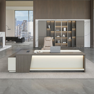 Modern Minimalist L-Shaped Executive Desk 79–94 in Wide with Cable Management, Built-In Power Outlets, Lockable Drawers & LED Accent Lighting
