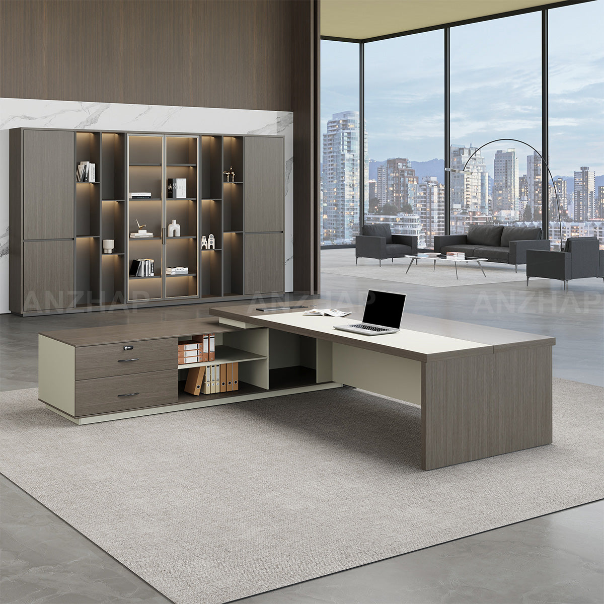 Modern Minimalist L-Shaped Executive Desk 79–94 in Wide with Cable Management, Built-In Power Outlets, Lockable Drawers & LED Accent Lighting
