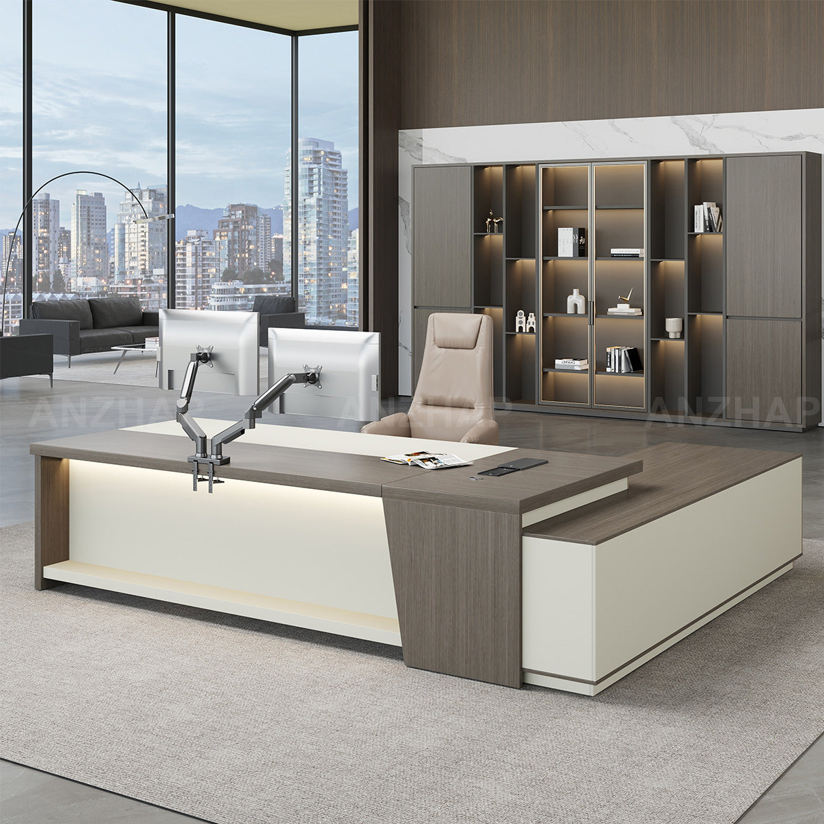 Modern Minimalist L-Shaped Executive Desk 79–94 in Wide with Cable Management, Built-In Power Outlets, Lockable Drawers & LED Accent Lighting