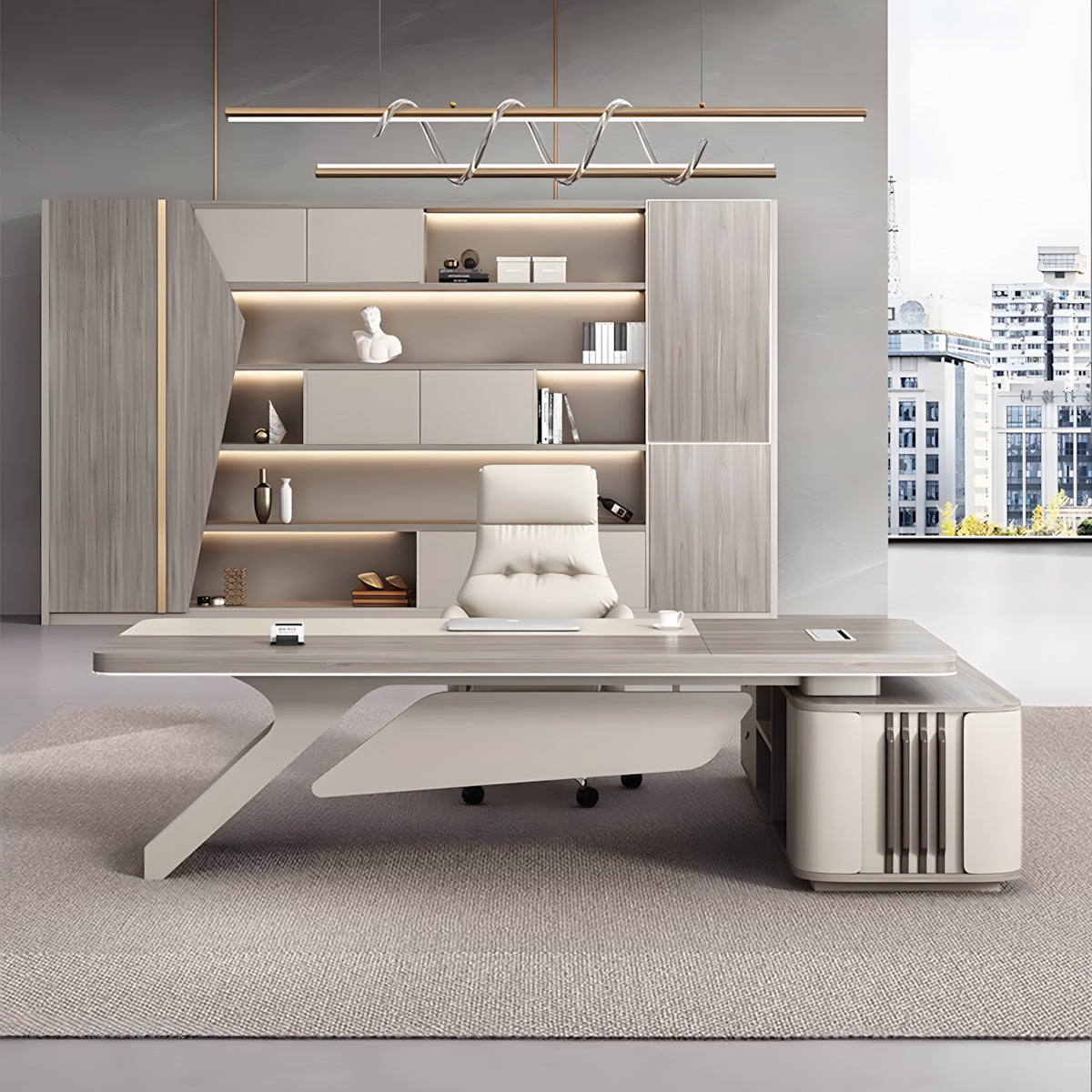 L-Shaped executive desk lifestyle scene with integrated cable management