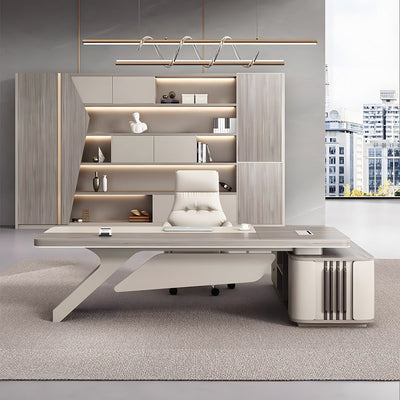 L-Shaped executive desk lifestyle scene with integrated cable management