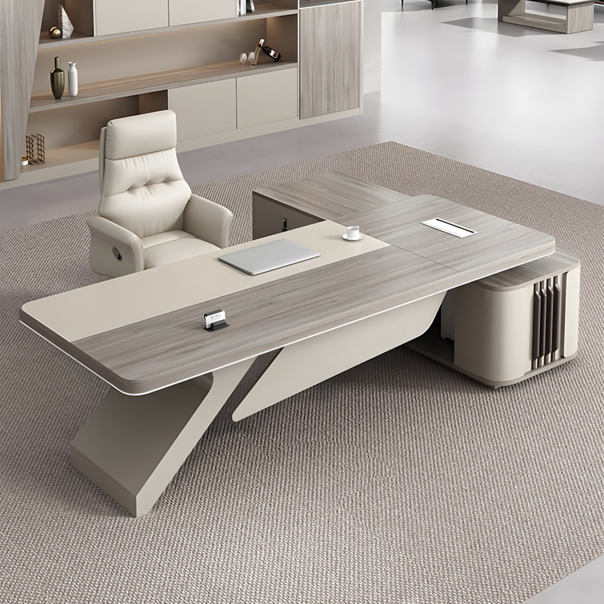 L-Shaped executive desk dimensional drawing with measurements (71–102 color option with integrated cable management