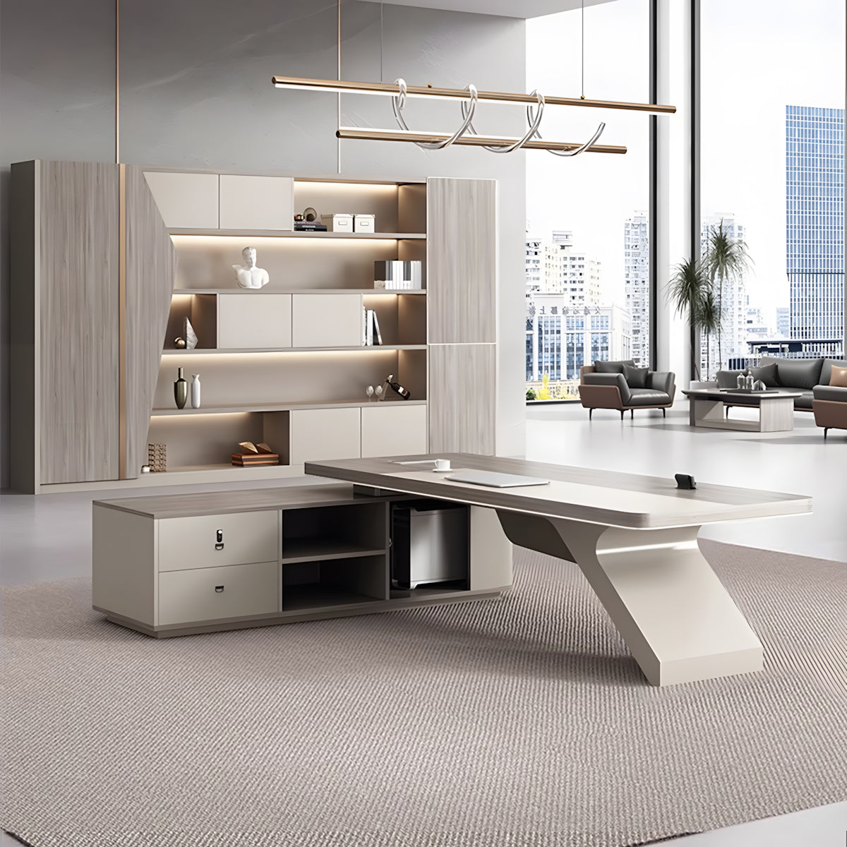 L-Shaped executive desk overall footprint diagram (71–102 color option with integrated cable management