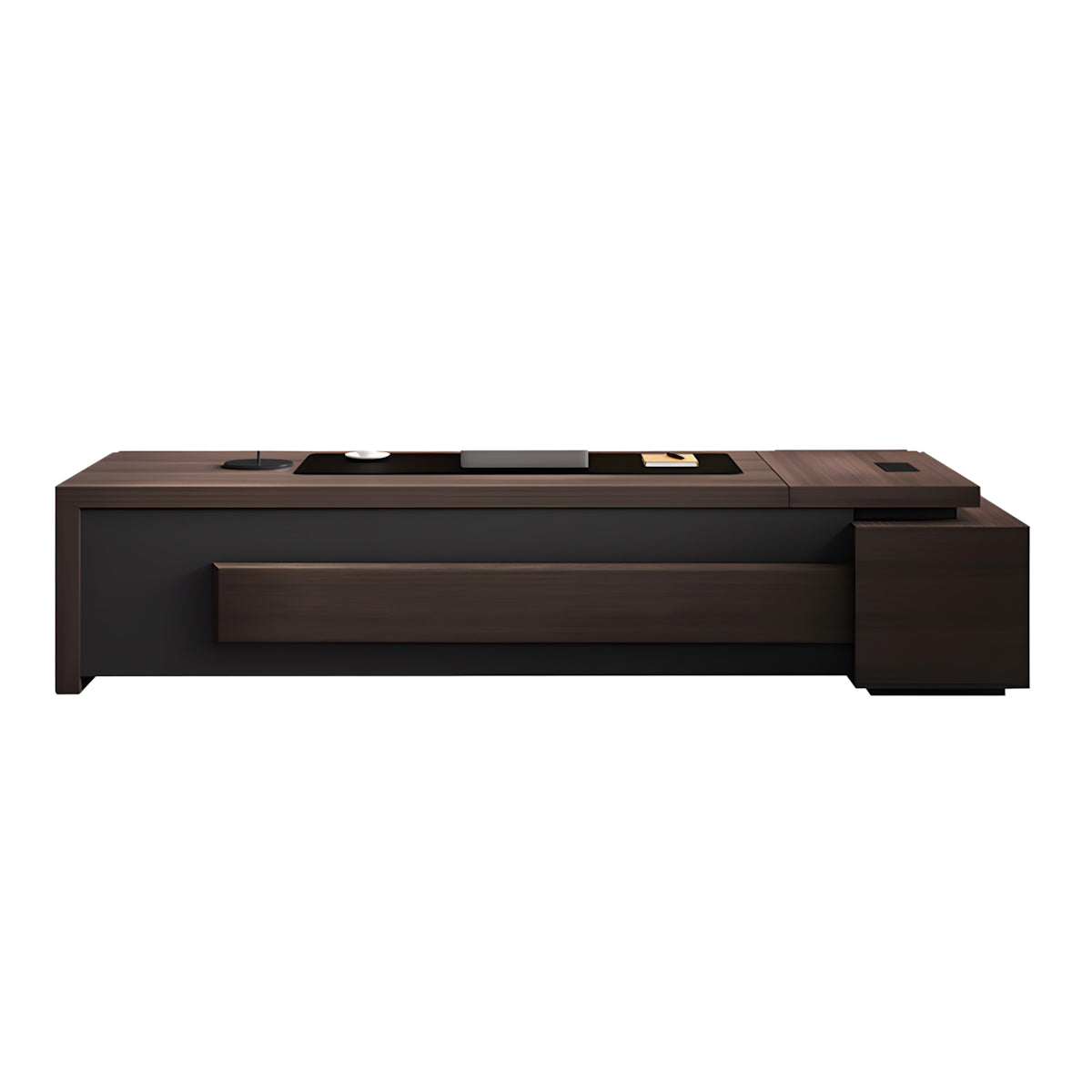 L-Shaped executive desk in oak & gray color option with lockable drawers and lockable drawer