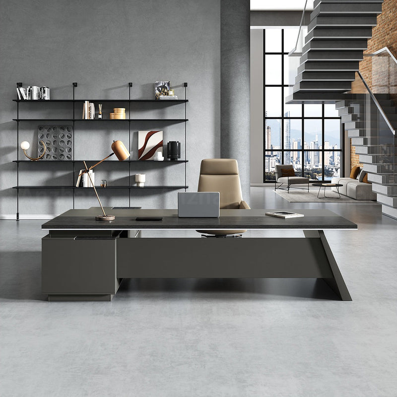 Workstation L Shaped Modern Black with Cabinets