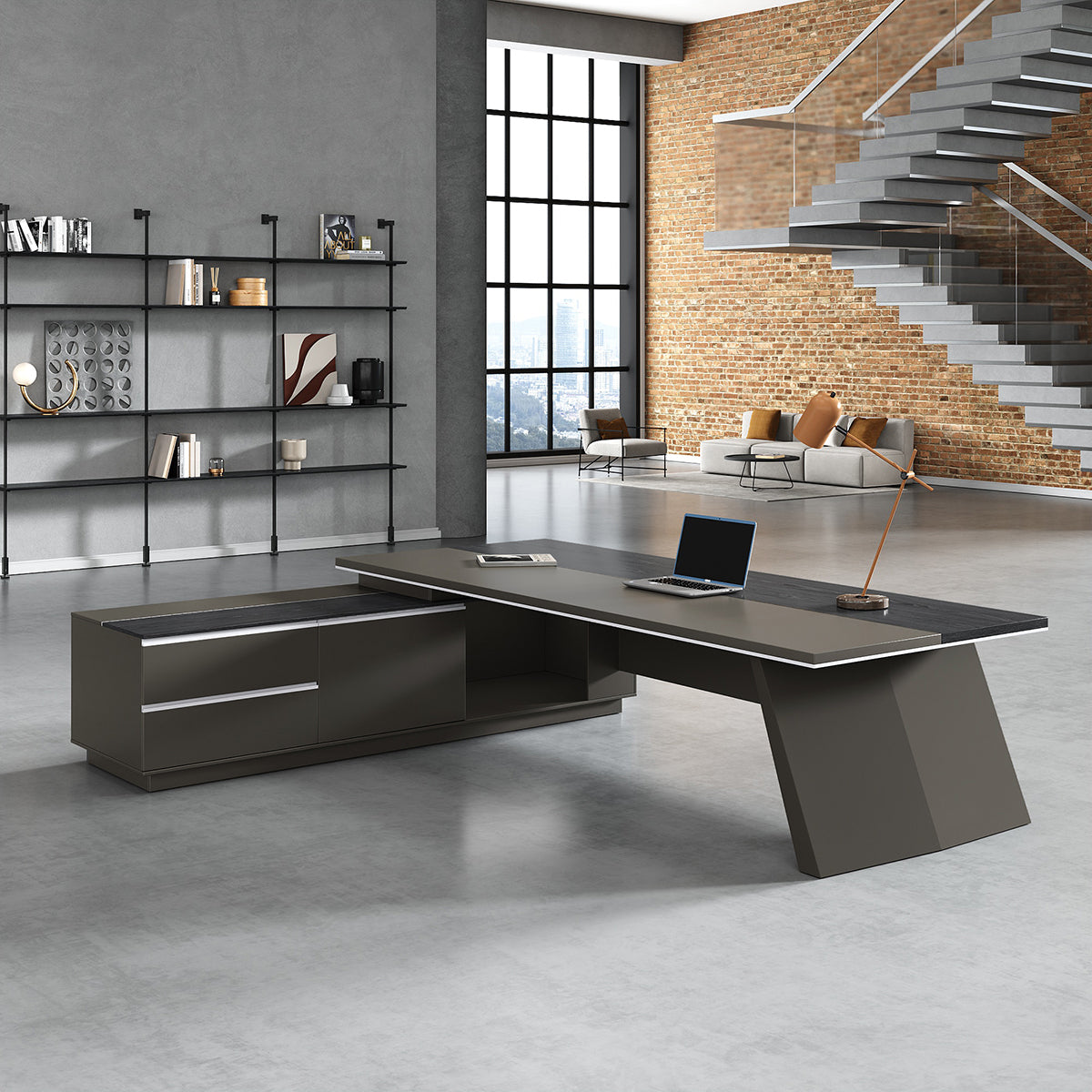 Workstation L Shaped Modern Black with Cabinets