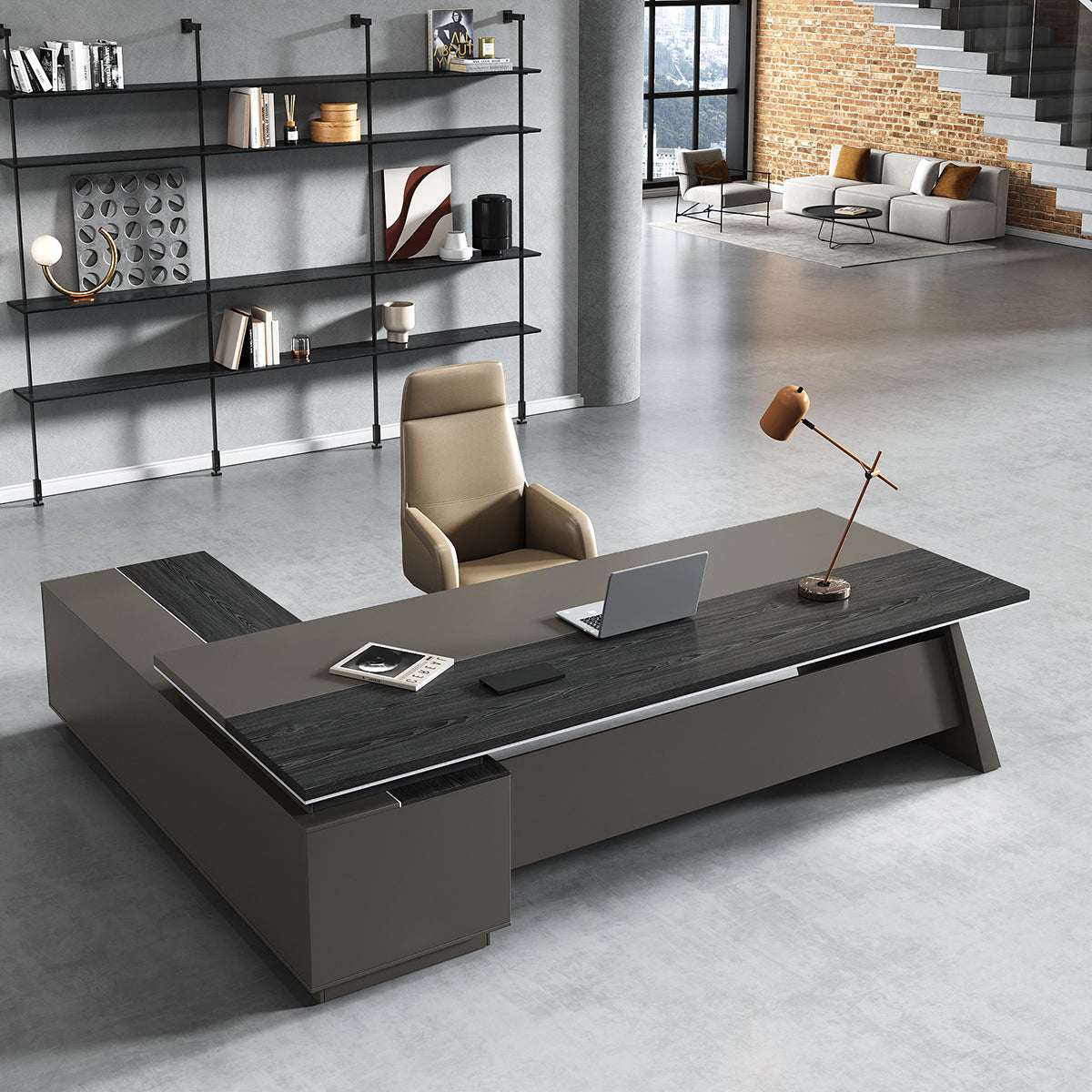 Workstation L Shaped Modern Black with Cabinets