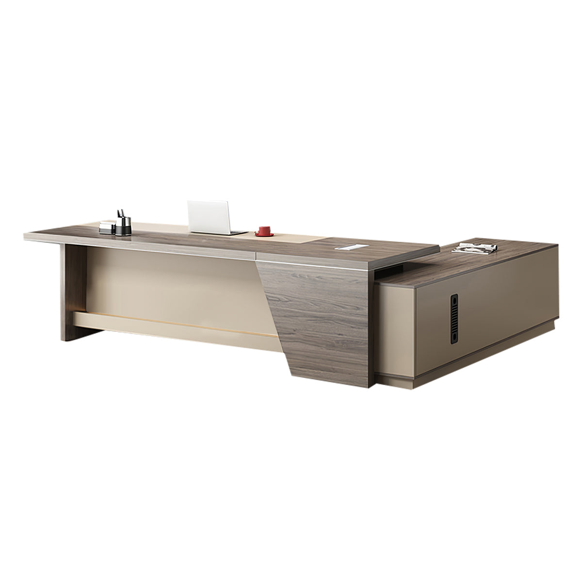 Executive Desk, left side cabinet configuration, Light Walnut + Khaki finish, L63" x W63" x H30", for office workspace, executive office furniture