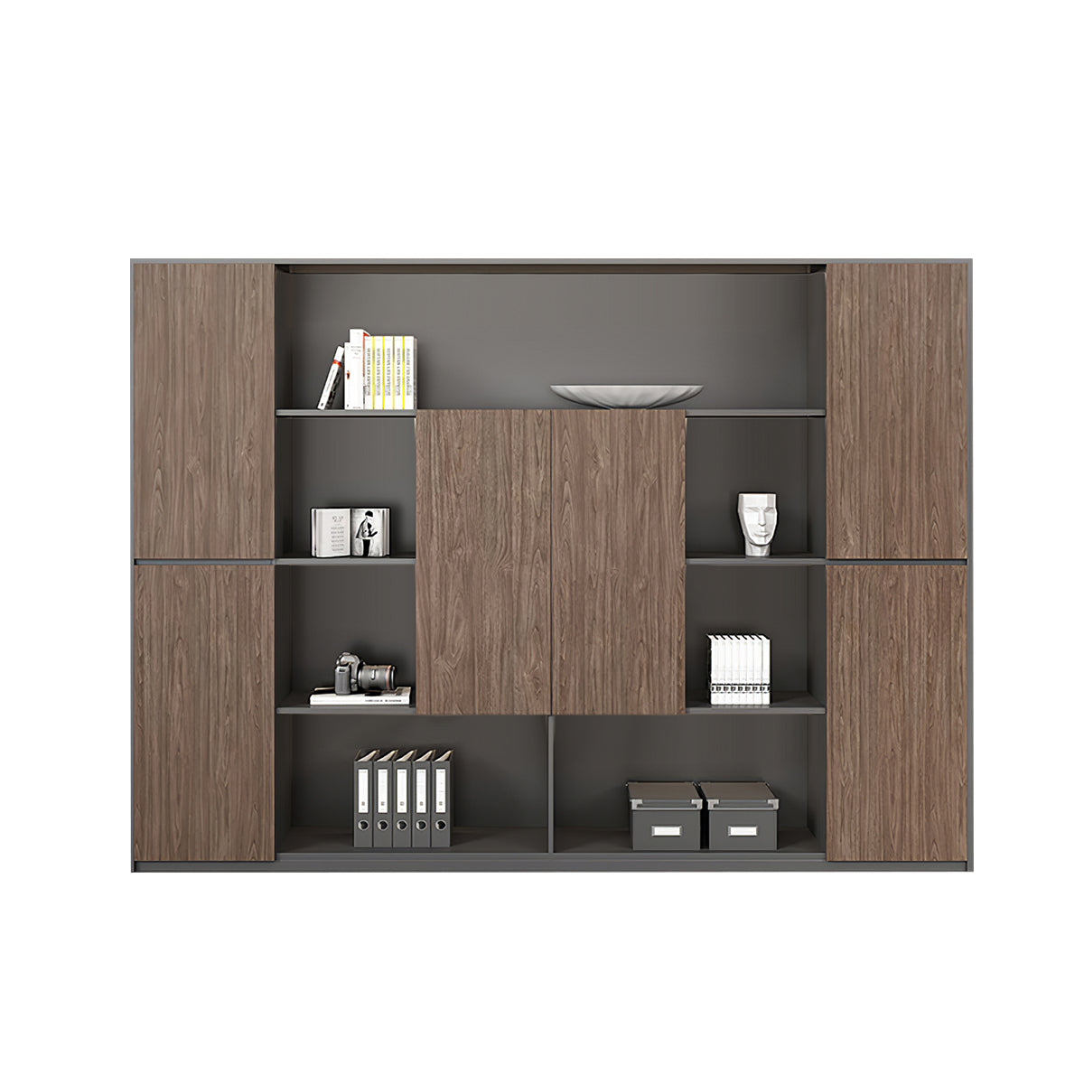 Executive Desk, matching file cabinet, Dark Walnut + Dark Gray finish, L94" x W16" x H79", for office workspace, executive office furniture