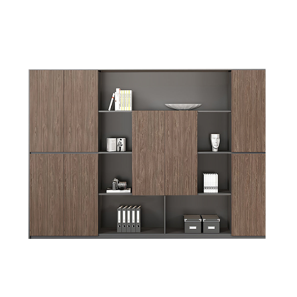 Executive Desk, matching file cabinet, Dark Walnut + Dark Gray finish, L110" x W16" x H79", for office workspace, executive office furniture