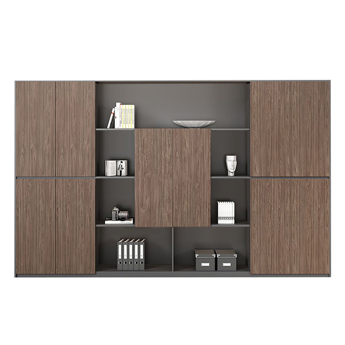 Executive Desk, matching file cabinet, Dark Walnut + Dark Gray finish, L126" x W16" x H79", for office workspace, executive office furniture