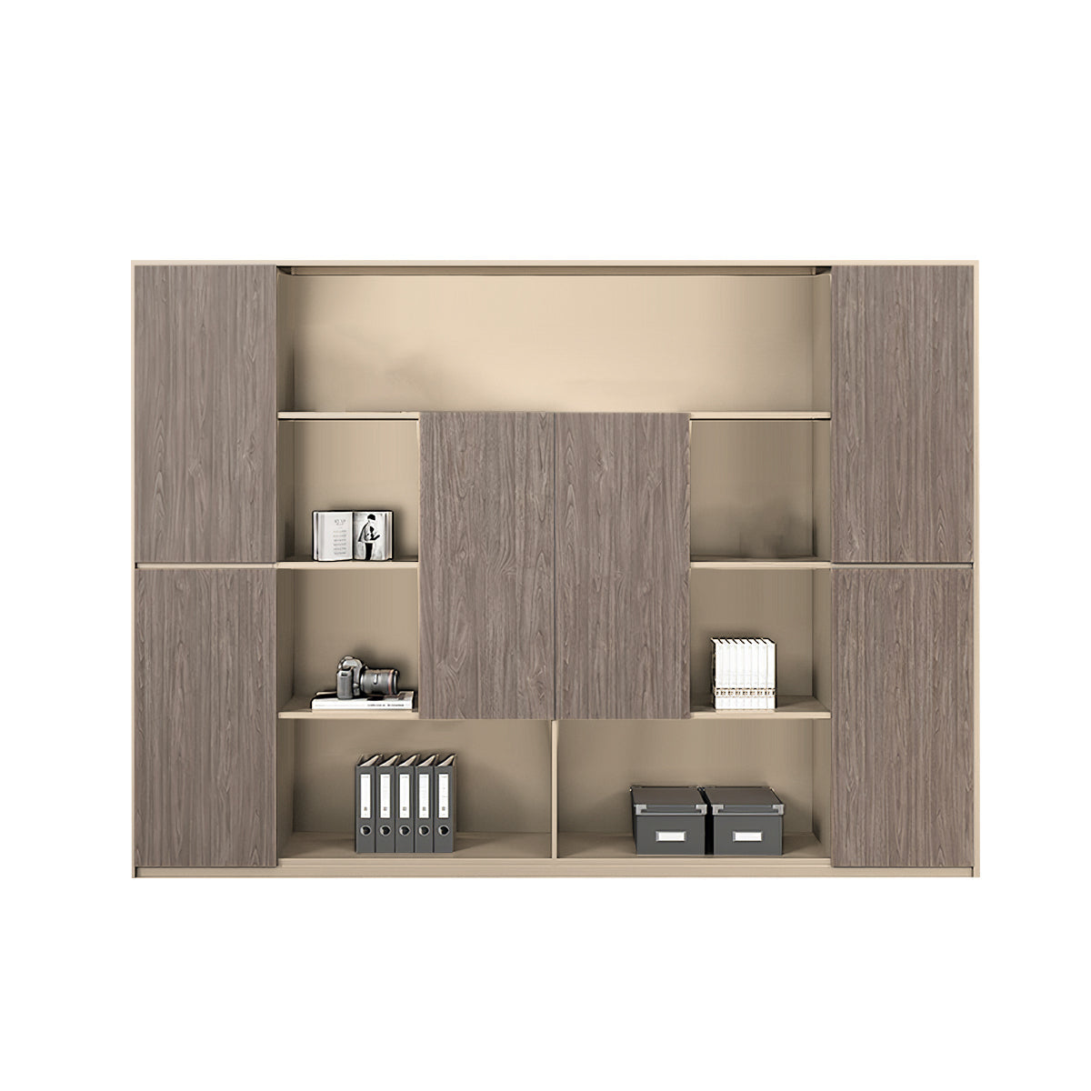 Executive Desk, matching file cabinet, Light Walnut + Khaki finish, L94" x W16" x H79", for executive office workspace, modern executive office furniture