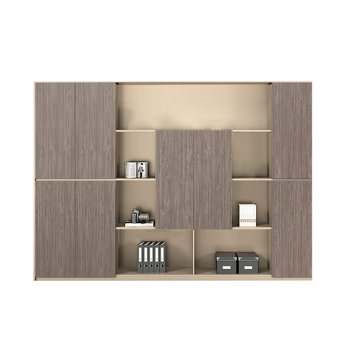 Executive Desk, matching file cabinet, Light Walnut + Khaki finish, L110" x W16" x H79", for executive office workspace, modern executive office furniture