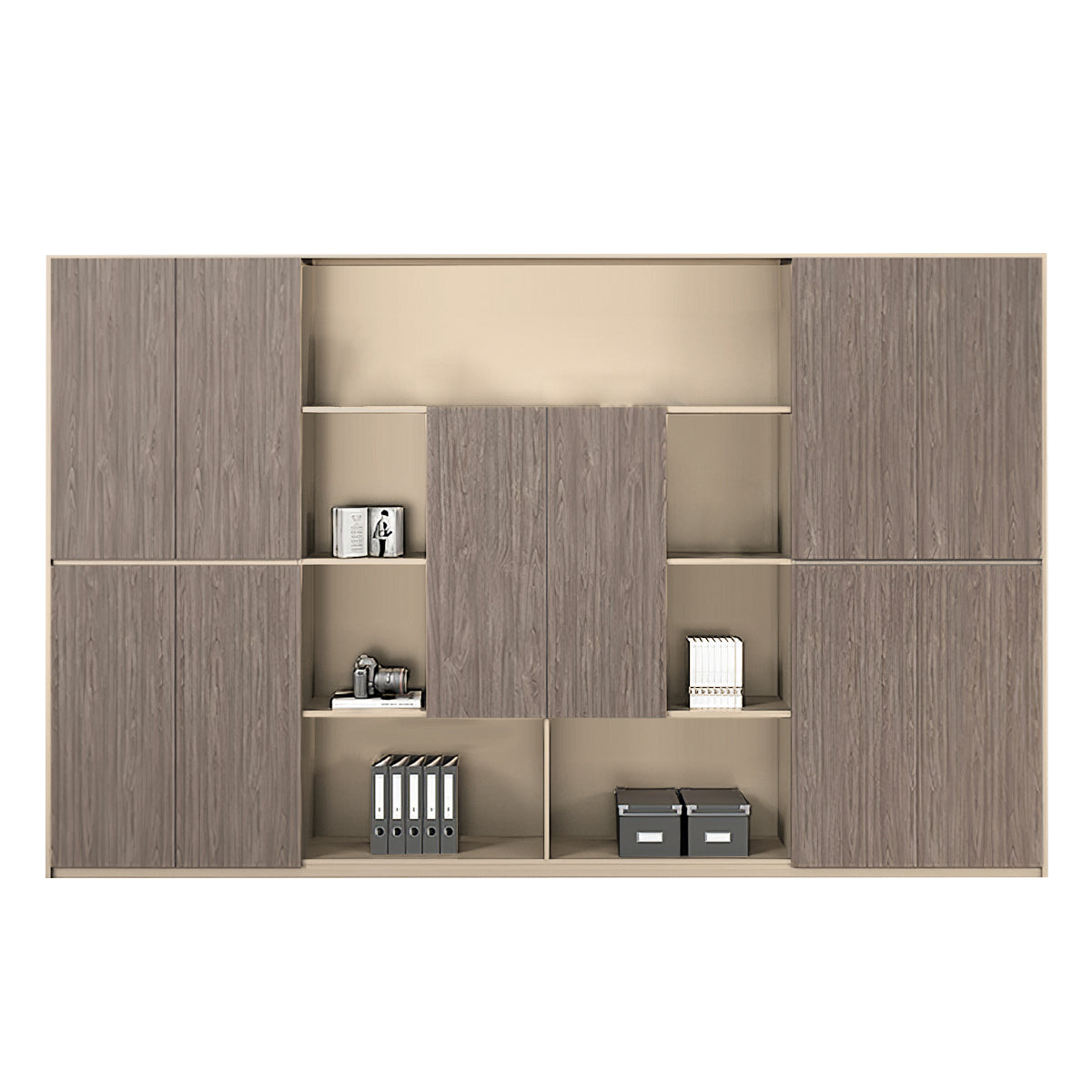 Executive Desk, matching file cabinet, Light Walnut + Khaki finish, L126" x W16" x H79", for executive office workspace, modern executive office furniture