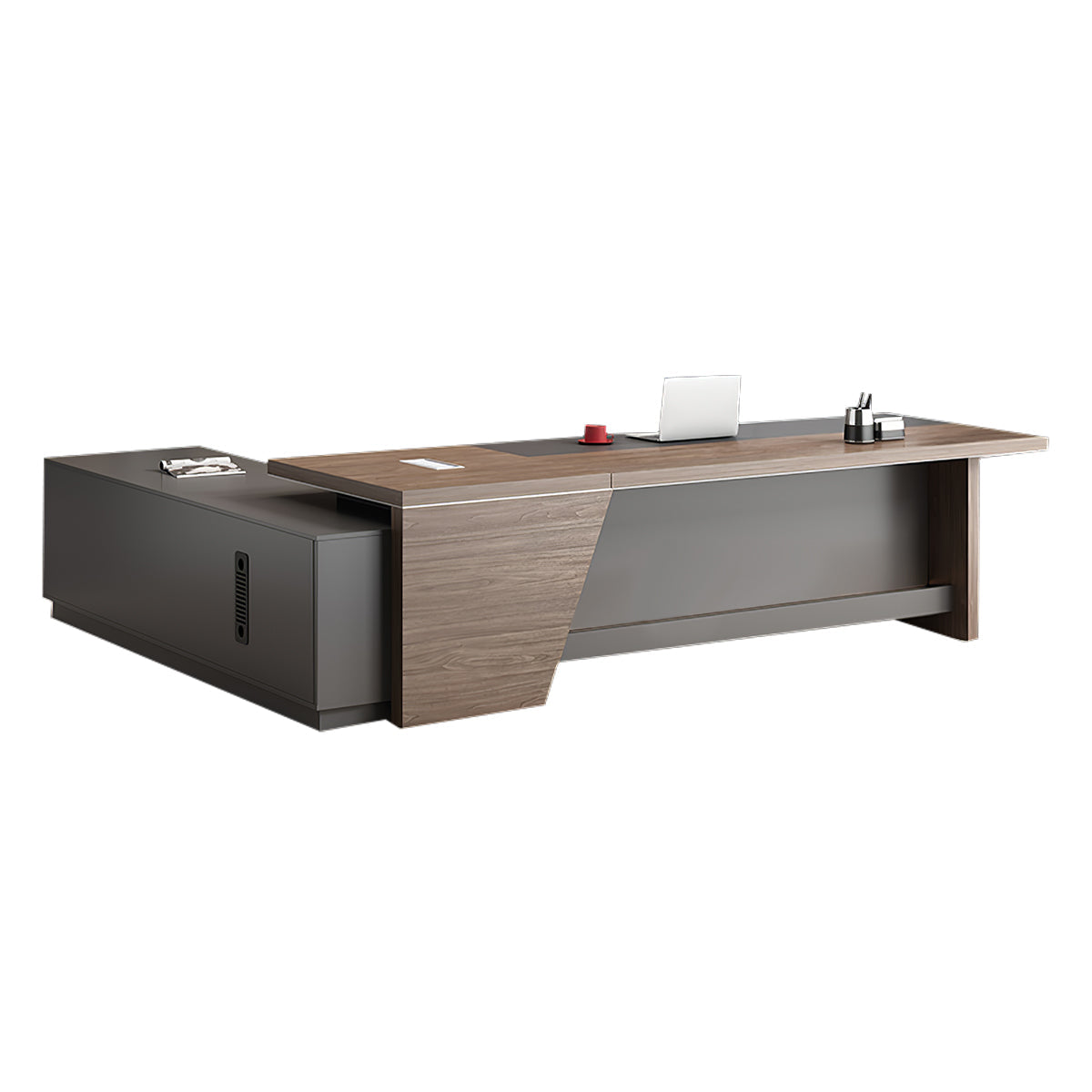 Executive Desk, right side cabinet configuration, Dark Walnut + Dark Gray finish, L63" x W63" x H30", for office workspace, executive office furniture