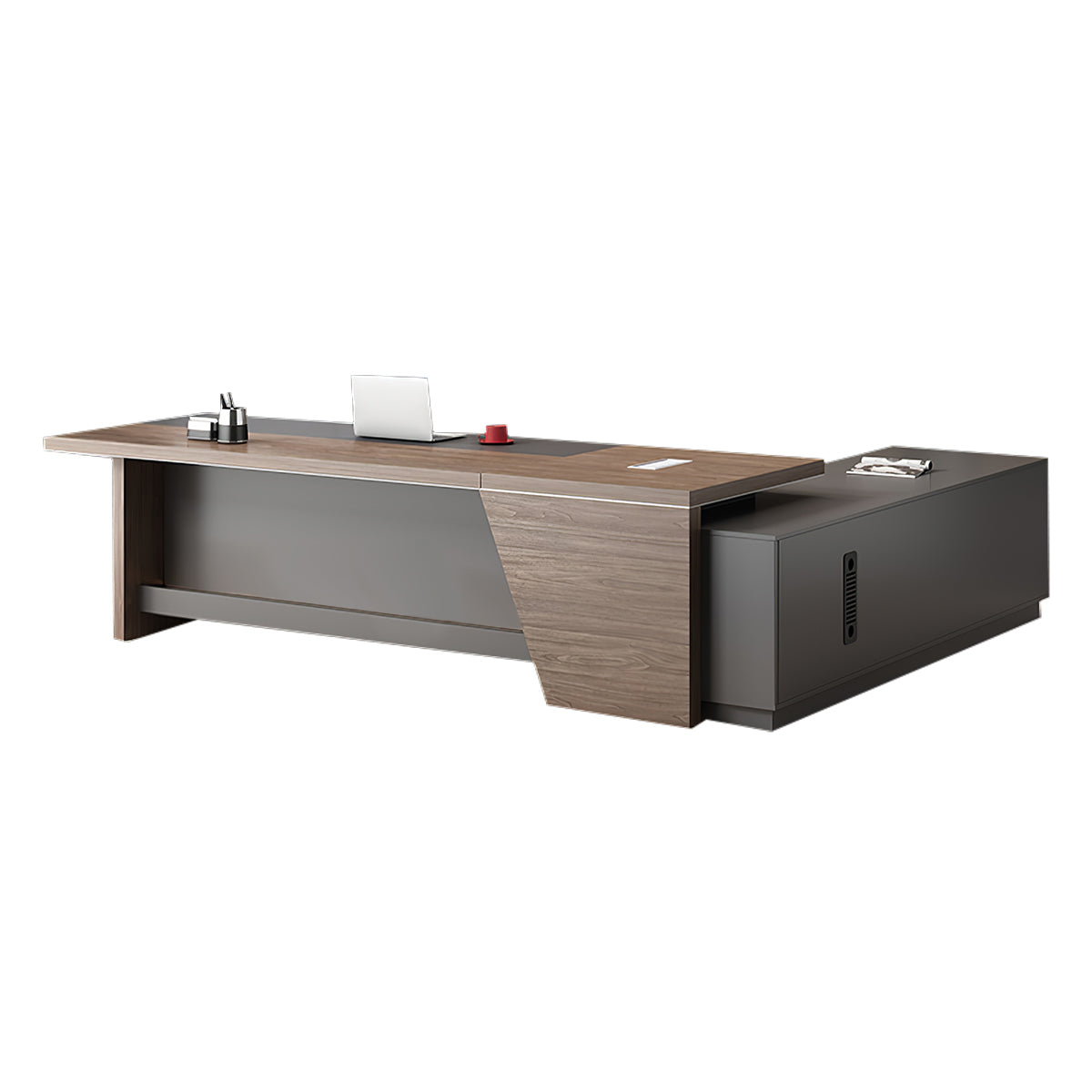 Executive Desk, left side cabinet configuration, Dark Walnut + Dark Gray finish, L63" x W63" x H30", for office workspace, executive office furniture
