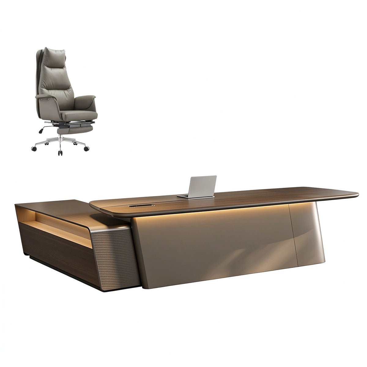 Luxury Executive Desk with Touch LED Lighting & Multi-level Side Storage Cabinet