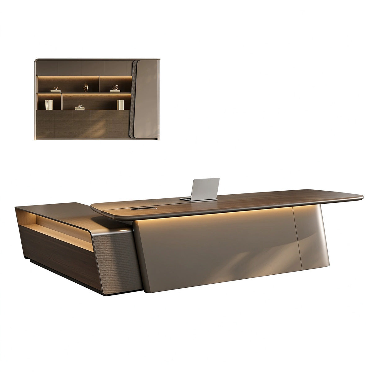 Luxury Executive Desk with Touch LED Lighting & Multi-level Side Storage Cabinet