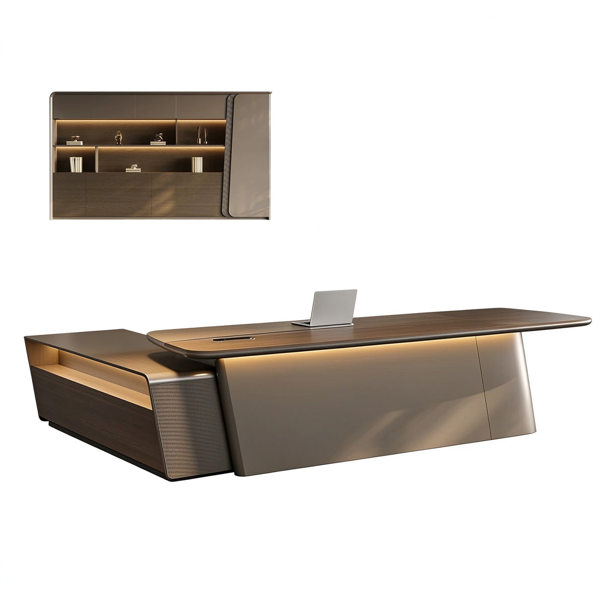 Luxury Executive Desk with Touch LED Lighting & Multi-level Side Storage Cabinet