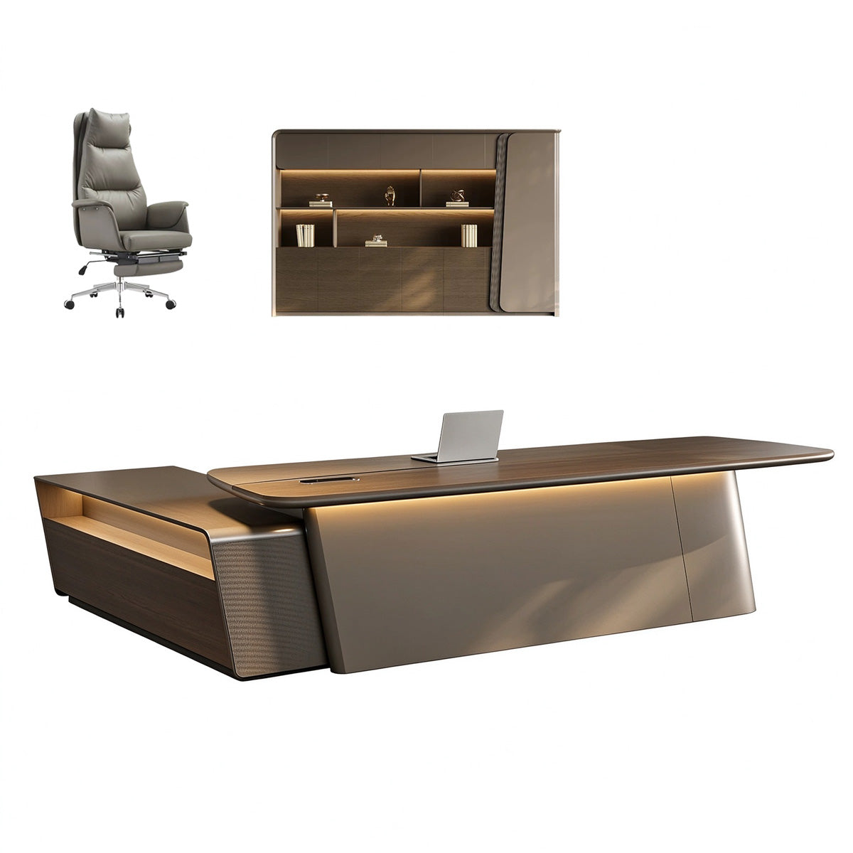 Luxury Executive Desk with Touch LED Lighting & Multi-level Side Storage Cabinet