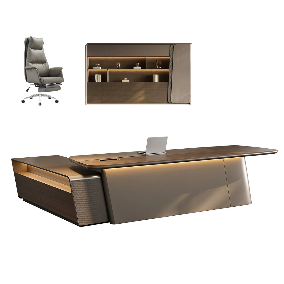 Luxury Executive Desk with Touch LED Lighting & Multi-level Side Storage Cabinet
