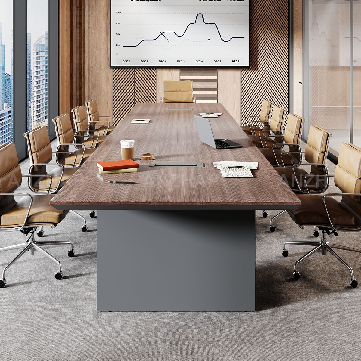 Rectangular Conference Table with a Sturdy Wooden Base