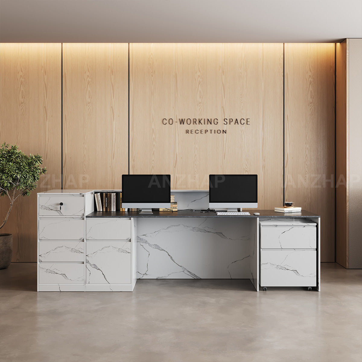 Marble-Look Reception Desk with LED Lighting, Power Outlet and Ample Storage