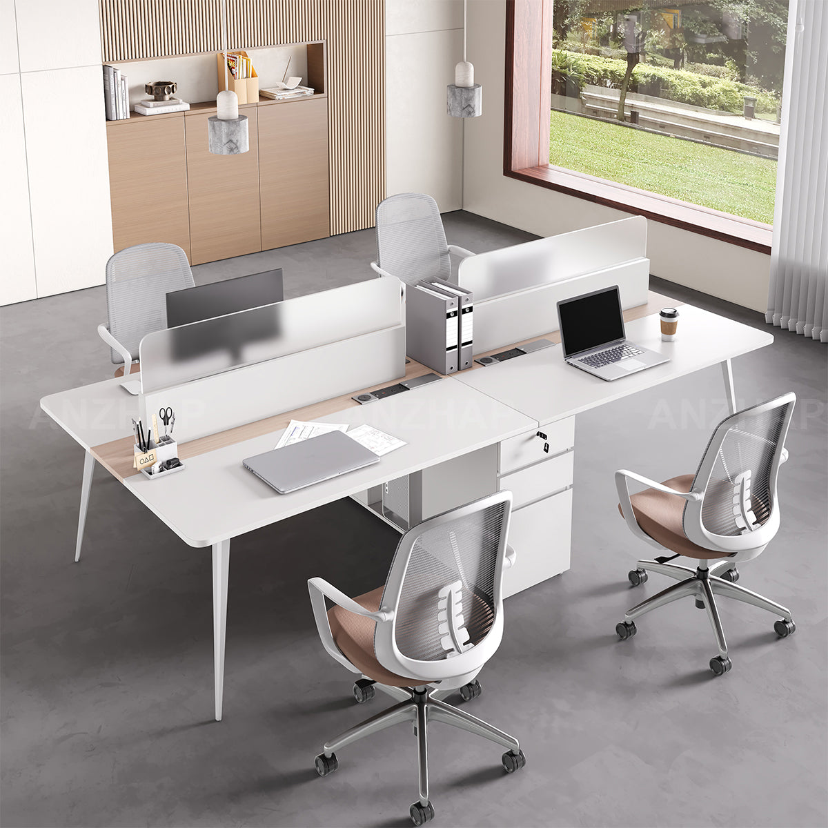 Minimalist 120" L 4-person Office Workstation Desk with Multifunctional Cable Box, Privacy Panels, Wood Grain Legs & Central Storage Cabinet for Collaborative Workspaces（Stock Items）