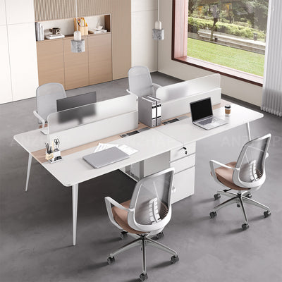 Minimalist 120" L 4-person Office Workstation Desk with Multifunctional Cable Box, Privacy Panels, Wood Grain Legs & Central Storage Cabinet for Collaborative Workspaces（Stock Items）