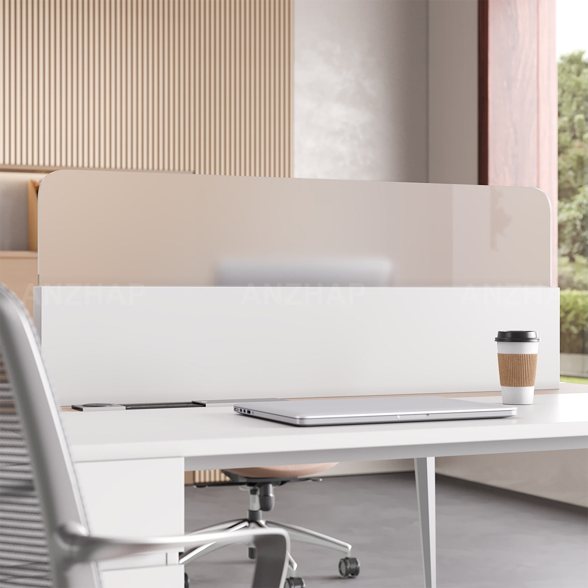 Minimalist 120" L 4-person Office Workstation Desk with Multifunctional Cable Box, Privacy Panels, Wood Grain Legs & Central Storage Cabinet for Collaborative Workspaces（Stock Items）