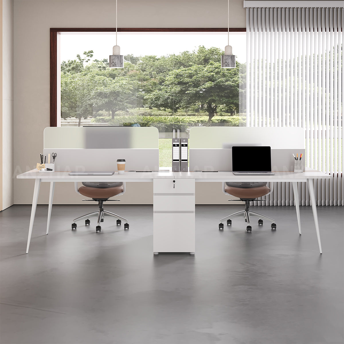 Minimalist 120" L 4-person Office Workstation Desk with Multifunctional Cable Box, Privacy Panels, Wood Grain Legs & Central Storage Cabinet for Collaborative Workspaces（Stock Items）