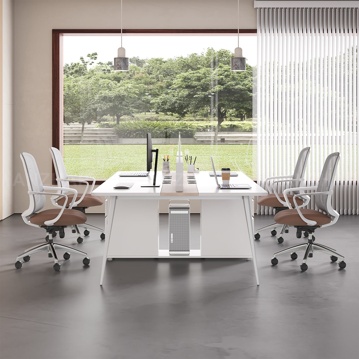 Minimalist 120" L 4-person Office Workstation Desk with Multifunctional Cable Box, Privacy Panels, Wood Grain Legs & Central Storage Cabinet for Collaborative Workspaces（Stock Items）