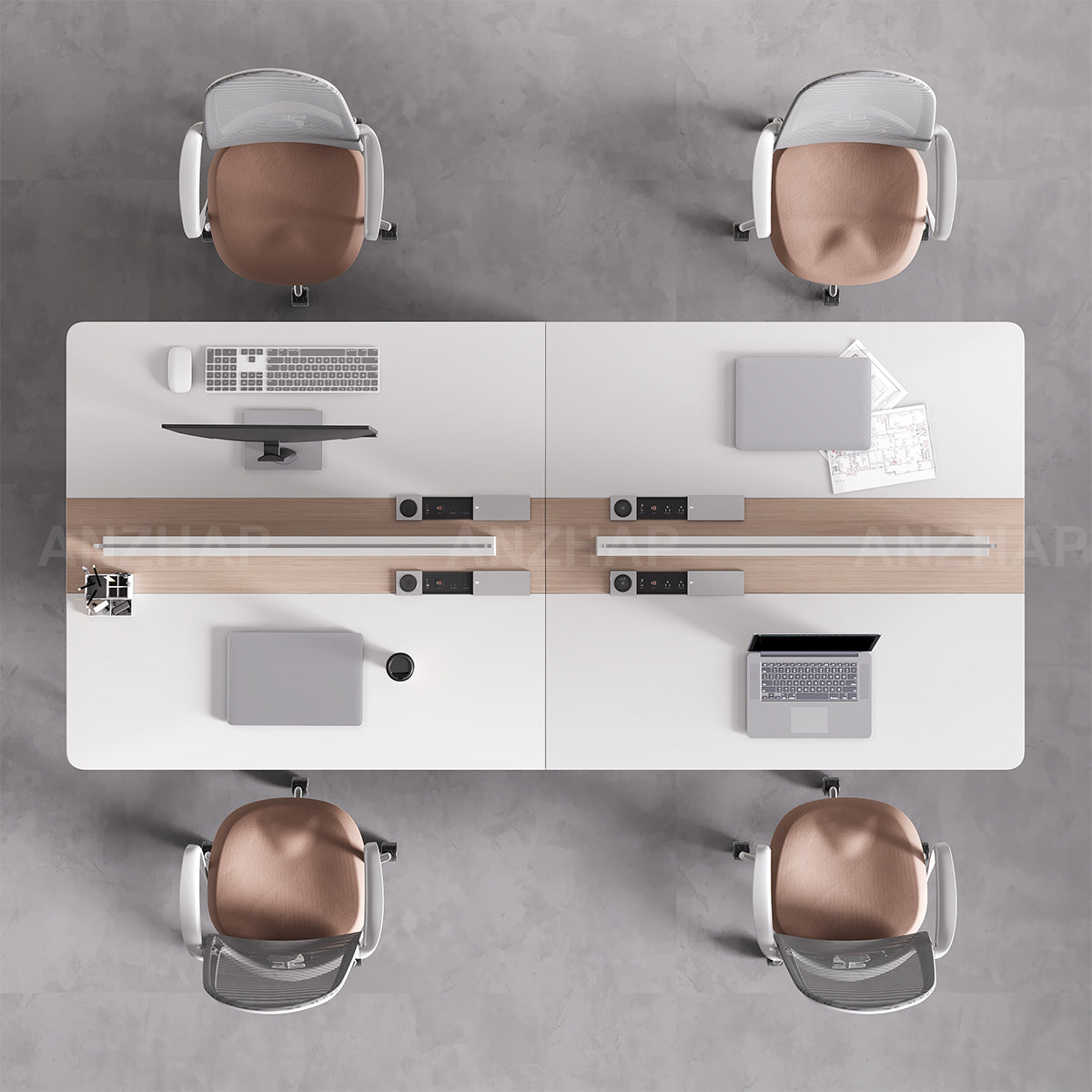 Minimalist 120" L 4-person Office Workstation Desk with Multifunctional Cable Box, Privacy Panels, Wood Grain Legs & Central Storage Cabinet for Collaborative Workspaces（Stock Items）