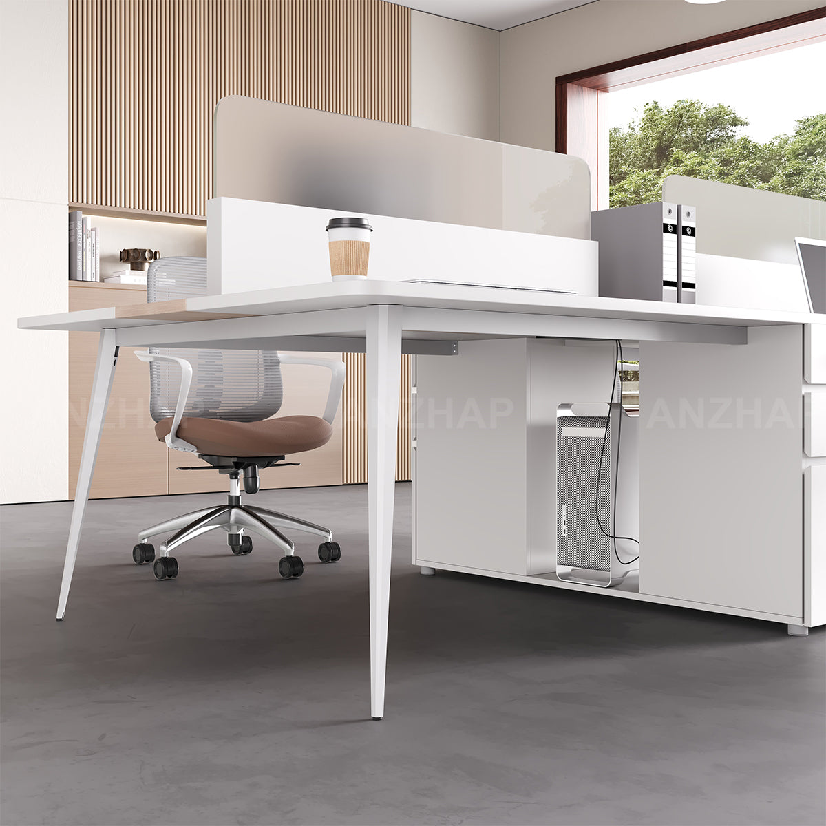 Minimalist 120" L 4-person Office Workstation Desk with Multifunctional Cable Box, Privacy Panels, Wood Grain Legs & Central Storage Cabinet for Collaborative Workspaces（Stock Items）