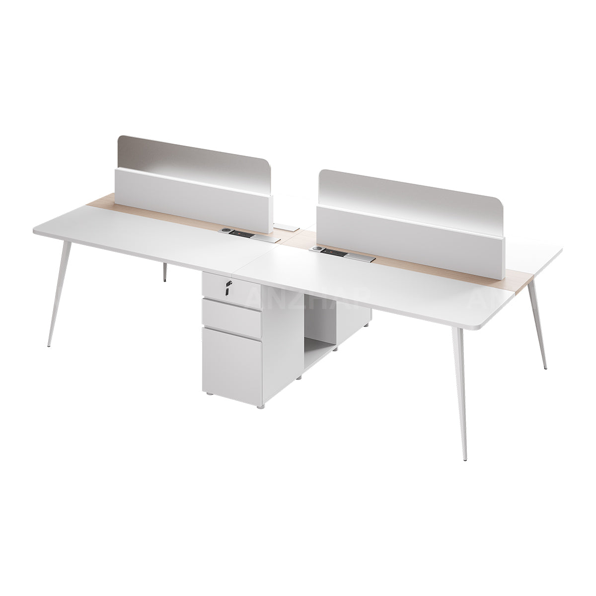 Minimalist 120" L 4-person Office Workstation Desk with Multifunctional Cable Box, Privacy Panels, Wood Grain Legs & Central Storage Cabinet for Collaborative Workspaces（Stock Items）