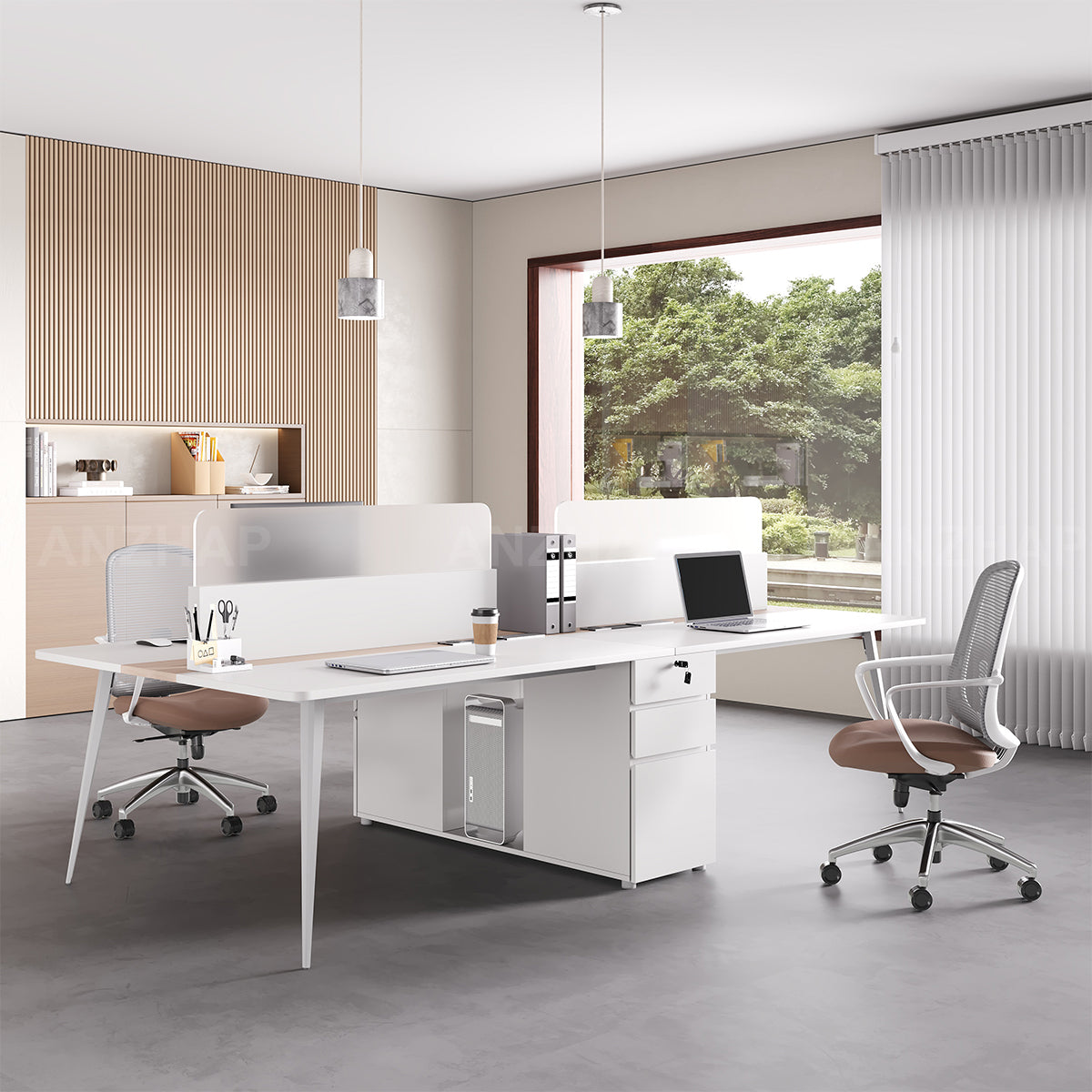 Minimalist 120" L 4-person Office Workstation Desk with Multifunctional Cable Box, Privacy Panels, Wood Grain Legs & Central Storage Cabinet for Collaborative Workspaces（Stock Items）