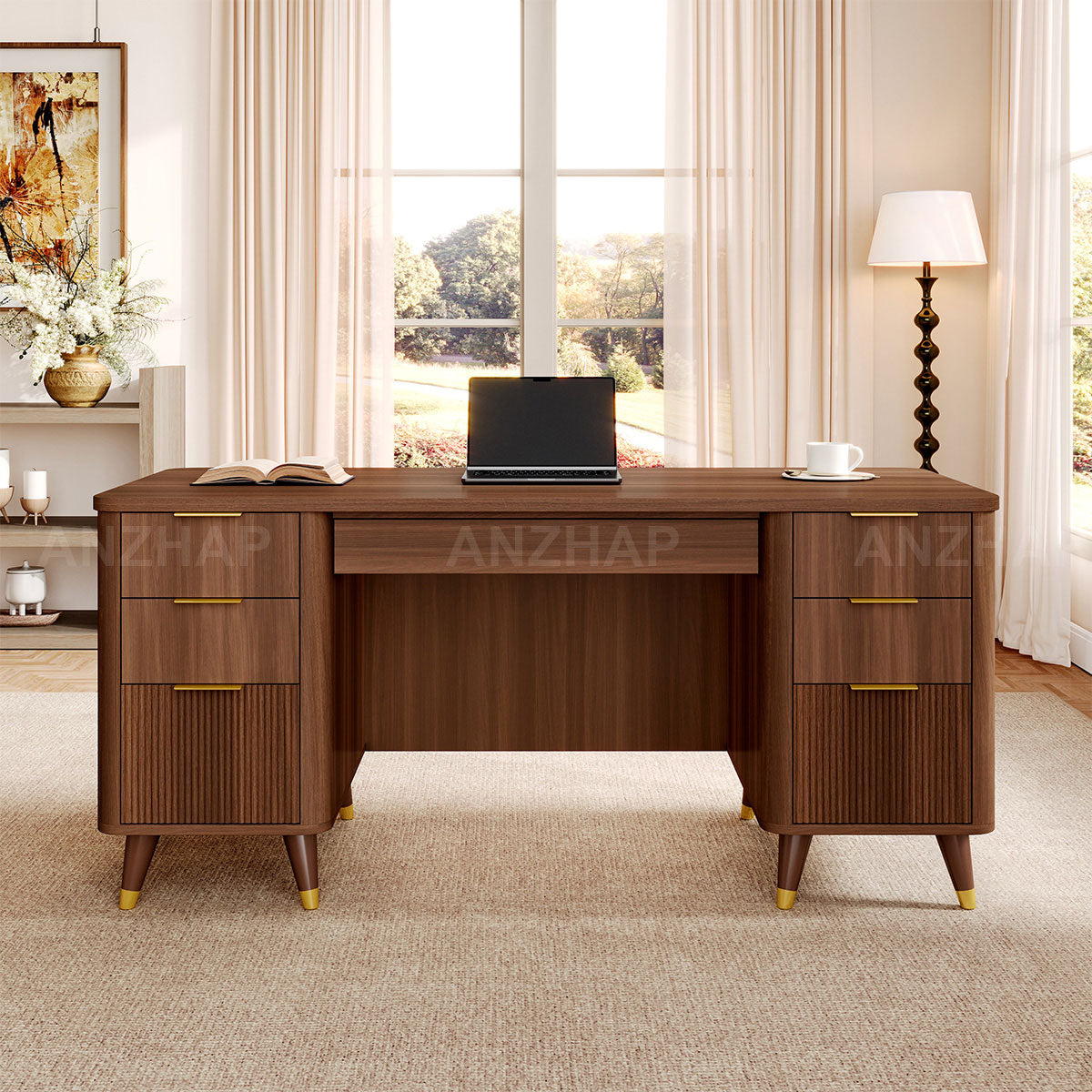 Modern 65" L Office Desk with Rounded Corners, Privacy Front Panel, Elevated Legs & Multi-drawer Storage for Professional Workspaces (In Stock)