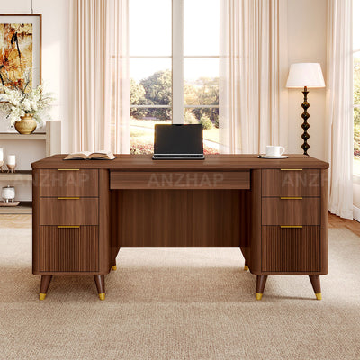 Modern 65" L Office Desk with Rounded Corners, Privacy Front Panel, Elevated Legs & Multi-drawer Storage for Professional Workspaces