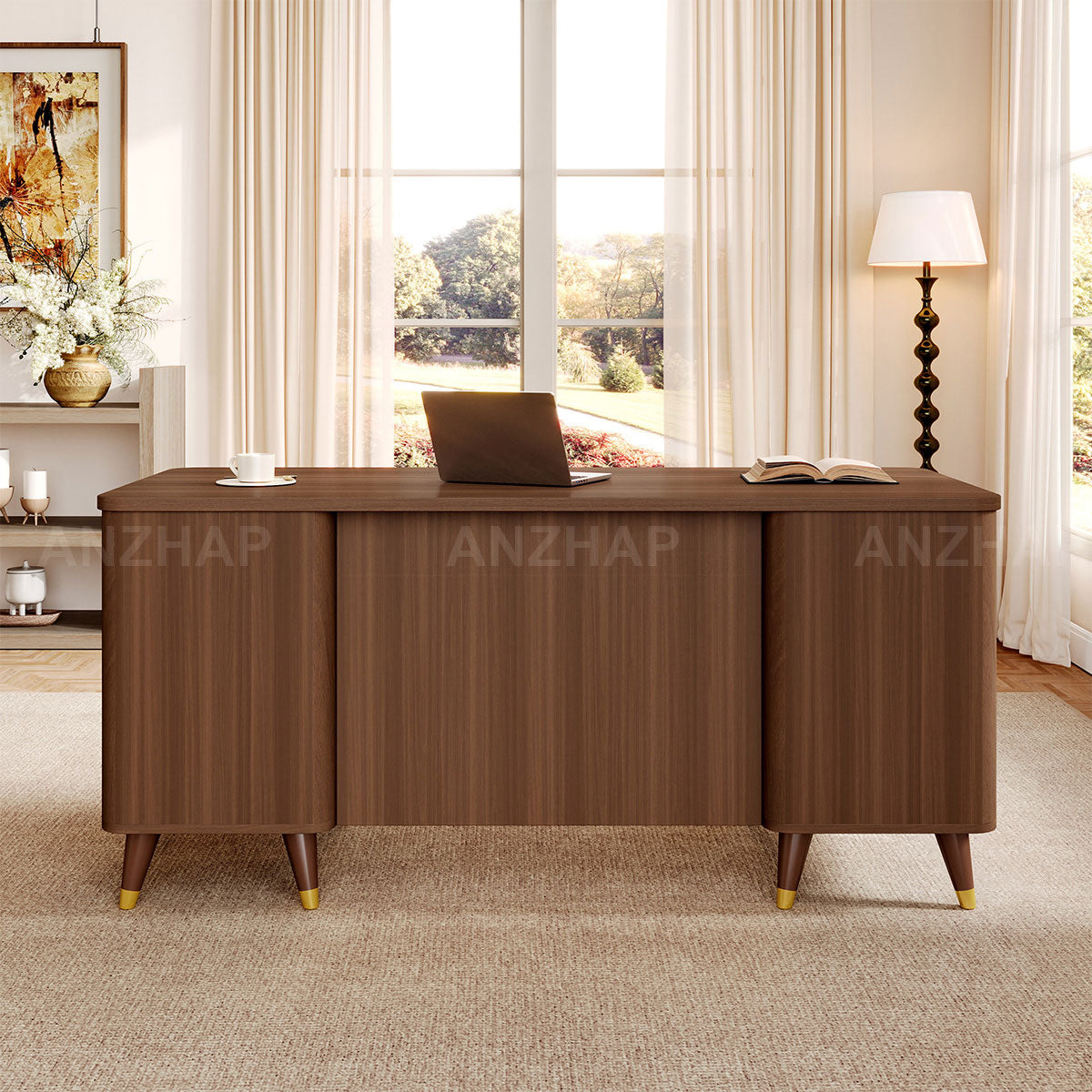 Modern 65" L Office Desk with Rounded Corners, Privacy Front Panel, Elevated Legs & Multi-drawer Storage for Professional Workspaces (In Stock)