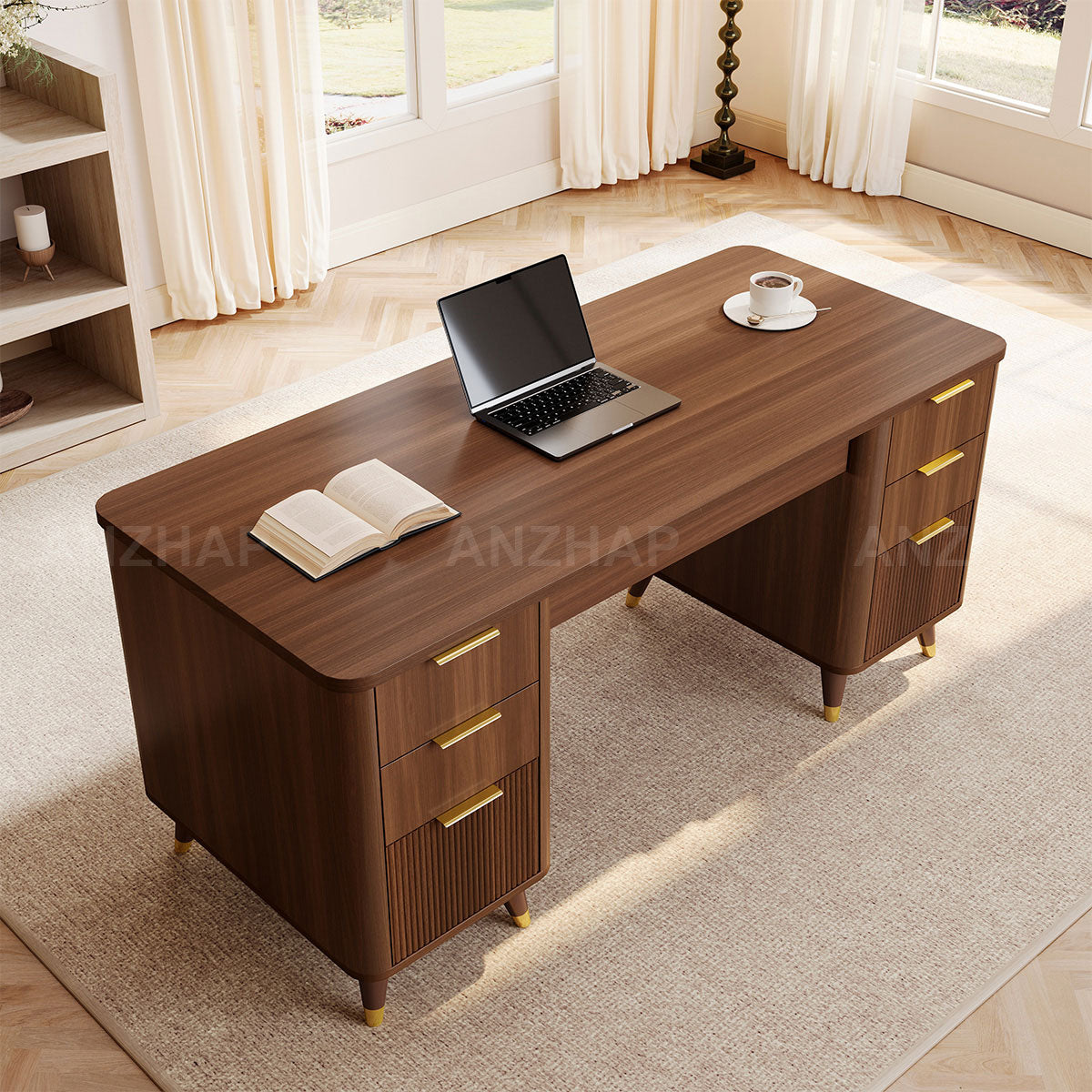 Modern 65" L Office Desk with Rounded Corners, Privacy Front Panel, Elevated Legs & Multi-drawer Storage for Professional Workspaces (In Stock)