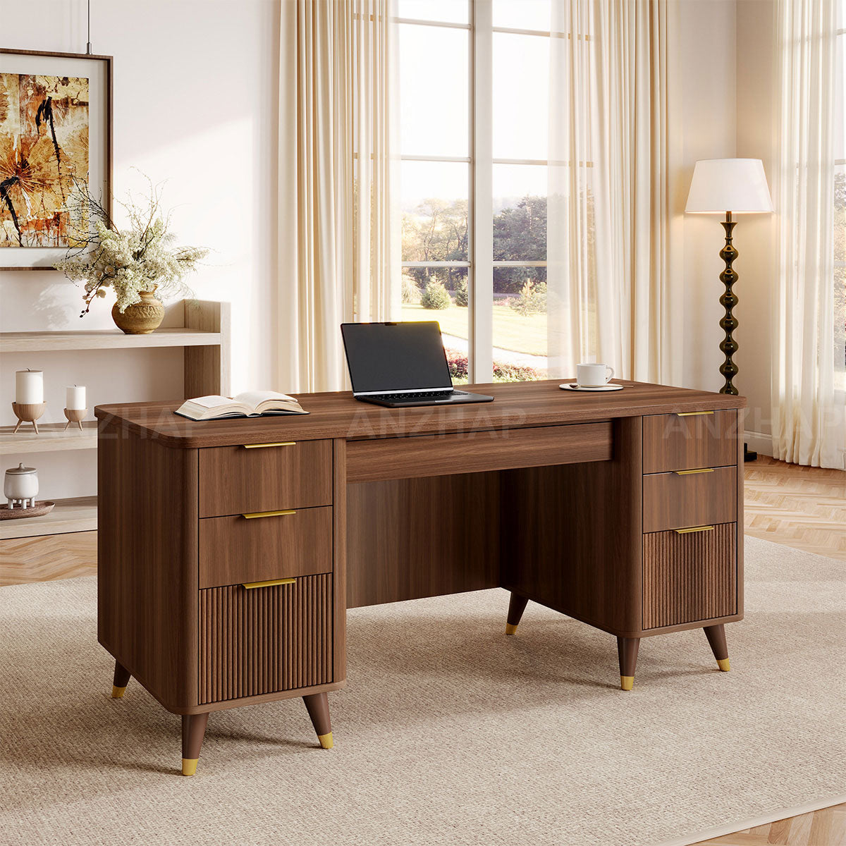Modern 65" L Office Desk with Rounded Corners, Privacy Front Panel, Elevated Legs & Multi-drawer Storage for Professional Workspaces (In Stock)