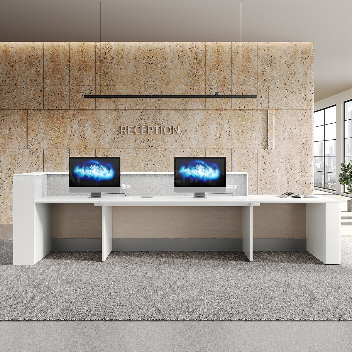 Modern Commercial 154" L Reception Desk with Multifunctional Cable Box, Dual-layer Counter & Reinforced Support Panel for Office, Hotel & Business Spaces