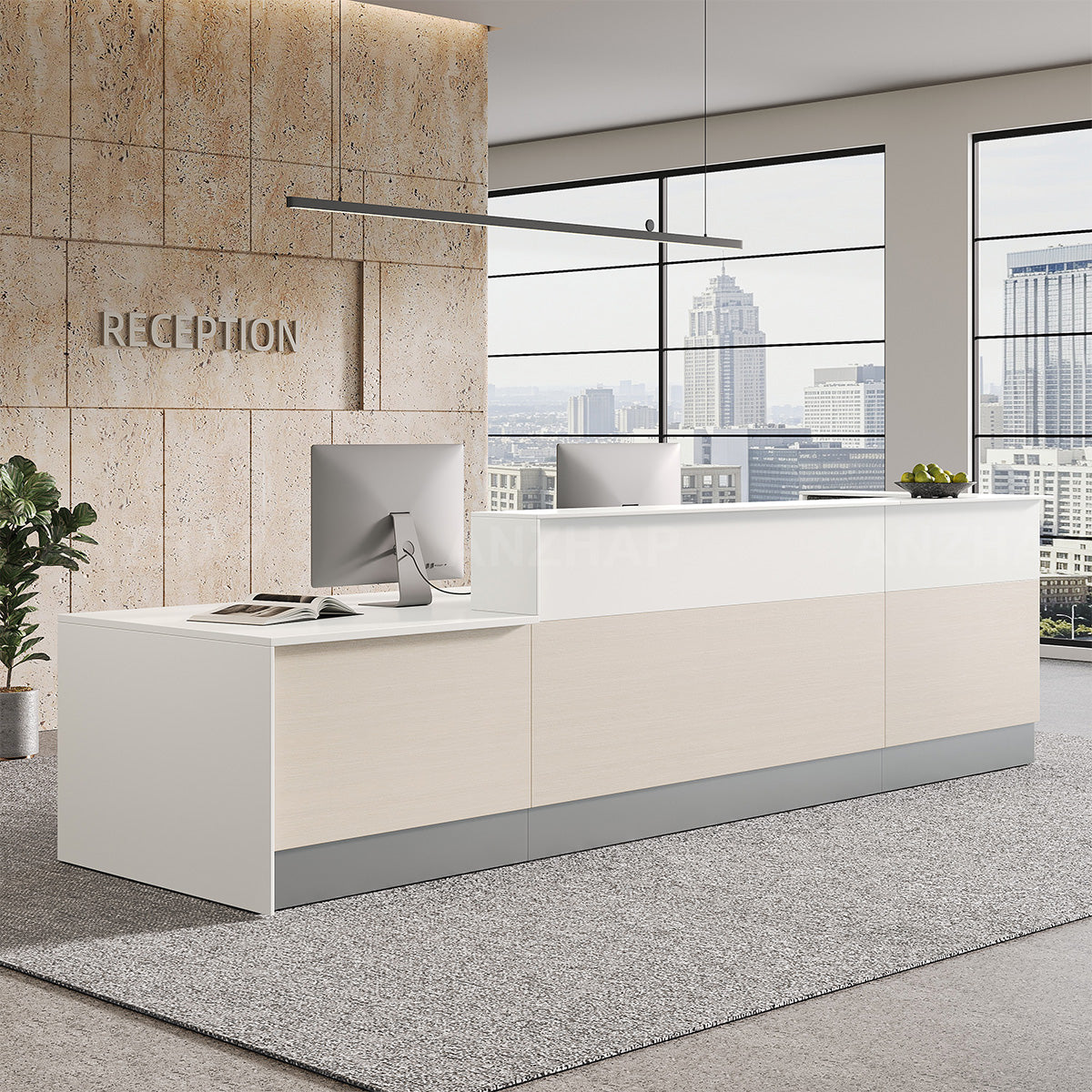 Modern Commercial 154" L Reception Desk with Multifunctional Cable Box, Dual-layer Counter & Reinforced Support Panel for Office, Hotel & Business Spaces